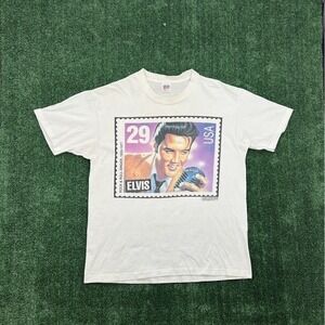 Vtg 90s Elvis Presley Mail Stamp Graphic T-Shirt Adult XL White